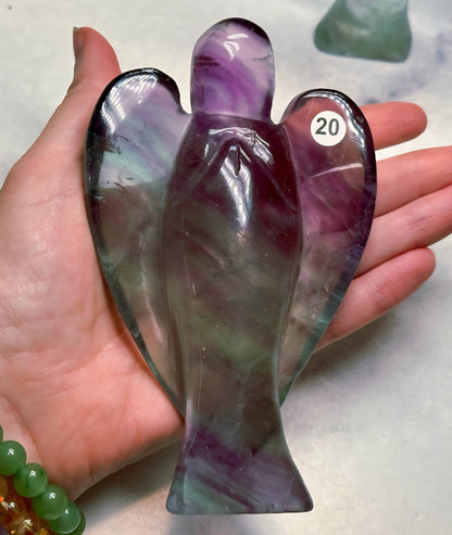 Medium stor Fluoritt Regnbue Engel , ca 14cm, 300 gram