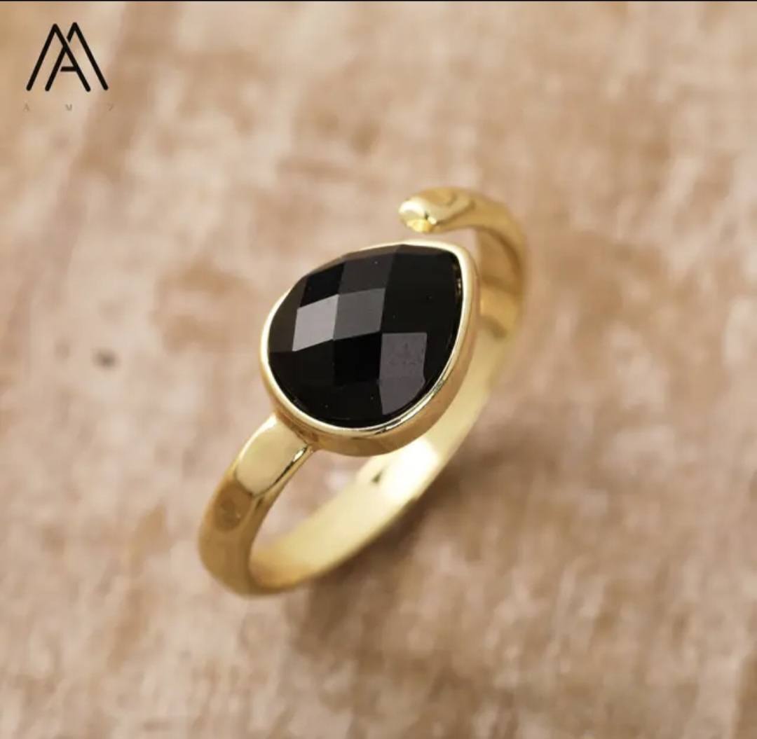Nye MICCI Design Natural Stone Rings, 18K Goldplated, one size - justerbar, Teardrop Design, sort Agate