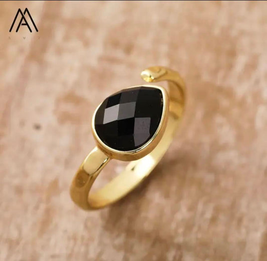 Nye MICCI Design Natural Stone Rings, 18K Goldplated, one size - justerbar, Teardrop Design, sort Agate