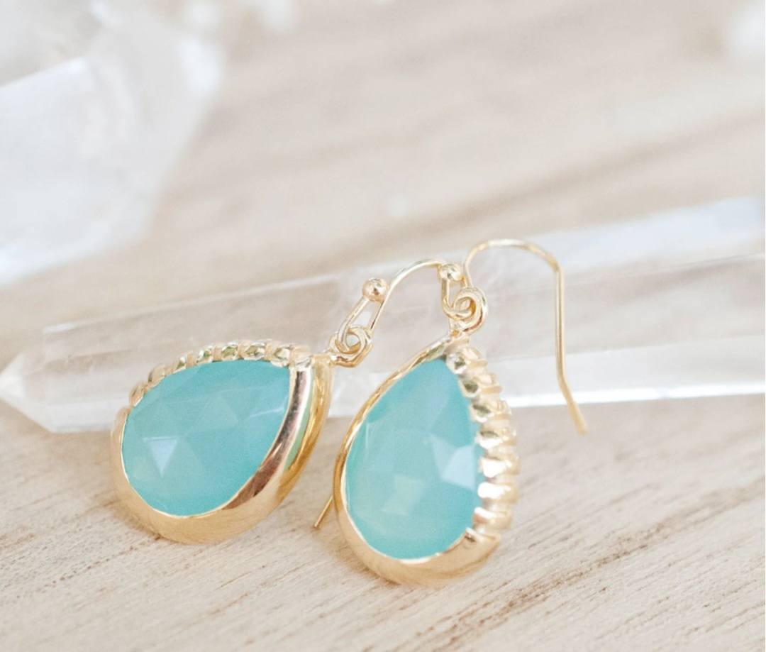 CILA " SKYE " Earrings w/ Aqua Chalsedony , 18K Goldplated