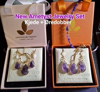 Månedens Gavetips / Ametyst Smykkesett fra MICCI DESIGN ( Kjede + Øredobber + Bonusgave ), Tear Drop Stendesign, Gold Electroplated !