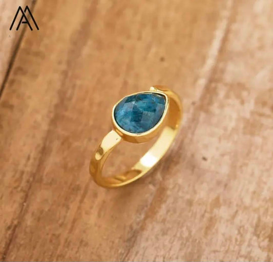 Nye MICCI Design Natural Stone Rings, 18K Goldplated, one size - justerbar, Teardrop Design, Blue Apatite