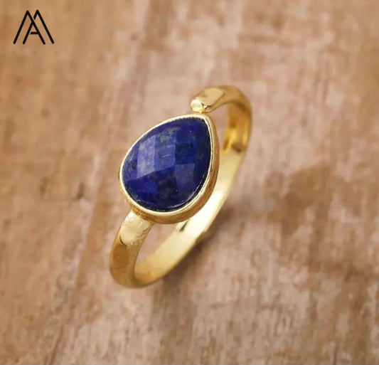 Nye MICCI Design Natural Stone Rings, 18K Goldplated, one size - justerbar, Teardrop Design, Lapis Lazuli
