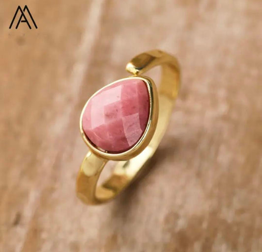 Nye MICCI Design Natural Stone Rings, 18K Goldplated, one size - justerbar, Teardrop Design, Rhodonite