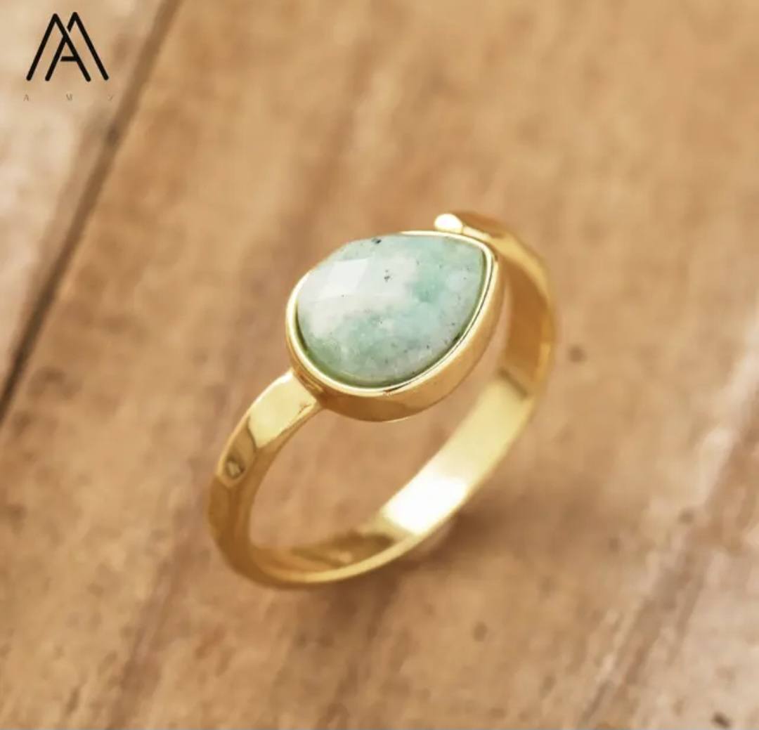 Nye MICCI Design Natural Stone Rings, 18K Goldplated, one size - justerbar, Teardrop Design, Amazonite