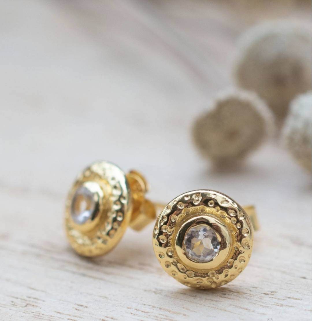 CILA " Joanna " Earrings w/ Clear Quartz Stone , 18K Goldplated