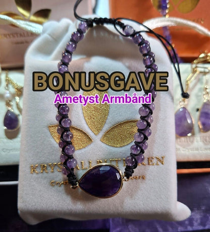 Månedens Gavetips / Ametyst Smykkesett fra MICCI DESIGN ( Kjede + Øredobber + Bonusgave ), Tear Drop Stendesign, Gold Electroplated !