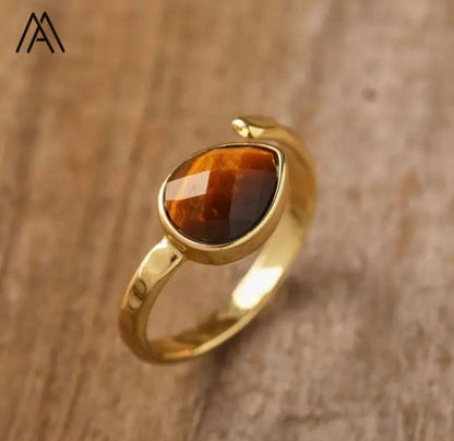 Nye MICCI Design Natural Stone Rings, 18K Goldplated, one size - justerbar, Teardrop Design, Tigerøye