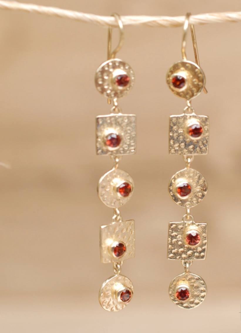 CILA " Sonia " Long Design Red Garnet Stud Earrings , 18K Goldplated