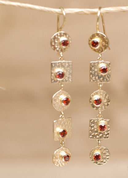 CILA " Sonia " Long Design Red Garnet Stud Earrings , 18K Goldplated