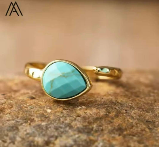 Nye MICCI Design Natural Stone Rings, 18K Goldplated, one size - justerbar, Teardrop Design, Turkis