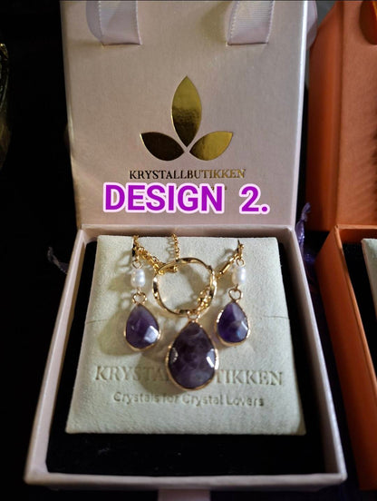 Månedens Gavetips / Ametyst Smykkesett fra MICCI DESIGN ( Kjede + Øredobber + Bonusgave ), Tear Drop Stendesign, Gold Electroplated !