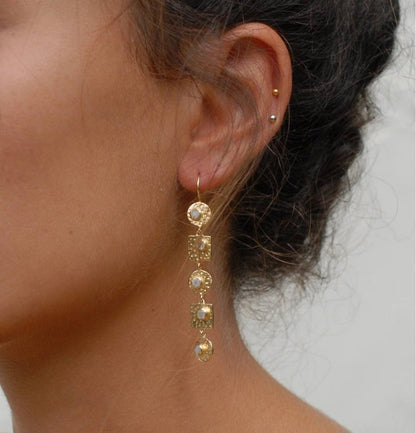 CILA " Sonia " Long Design Labradorite Stud Earrings , 18K Goldplated