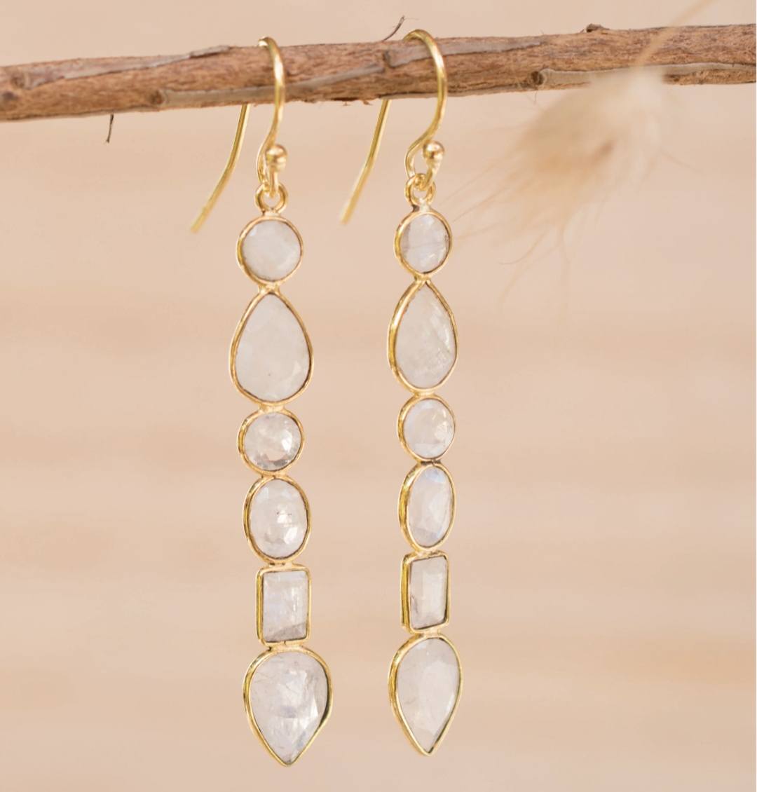 CILA " Clarice " Long Design MOONSTONE Stud Earrings , 18K Goldplated