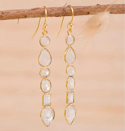 CILA " Clarice " Long Design MOONSTONE Stud Earrings , 18K Goldplated