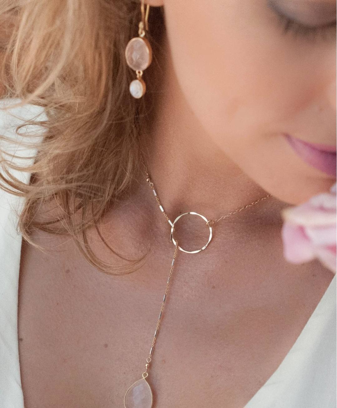 CILA " KARINE " Earrings w/ Moonstone & Rose Quartz , 18K Goldplated