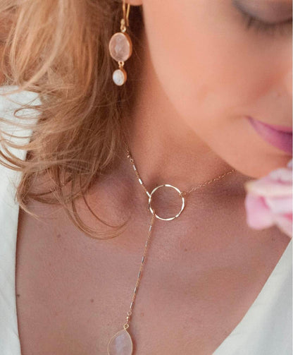 CILA " KARINE " Earrings w/ Moonstone & Rose Quartz , 18K Goldplated