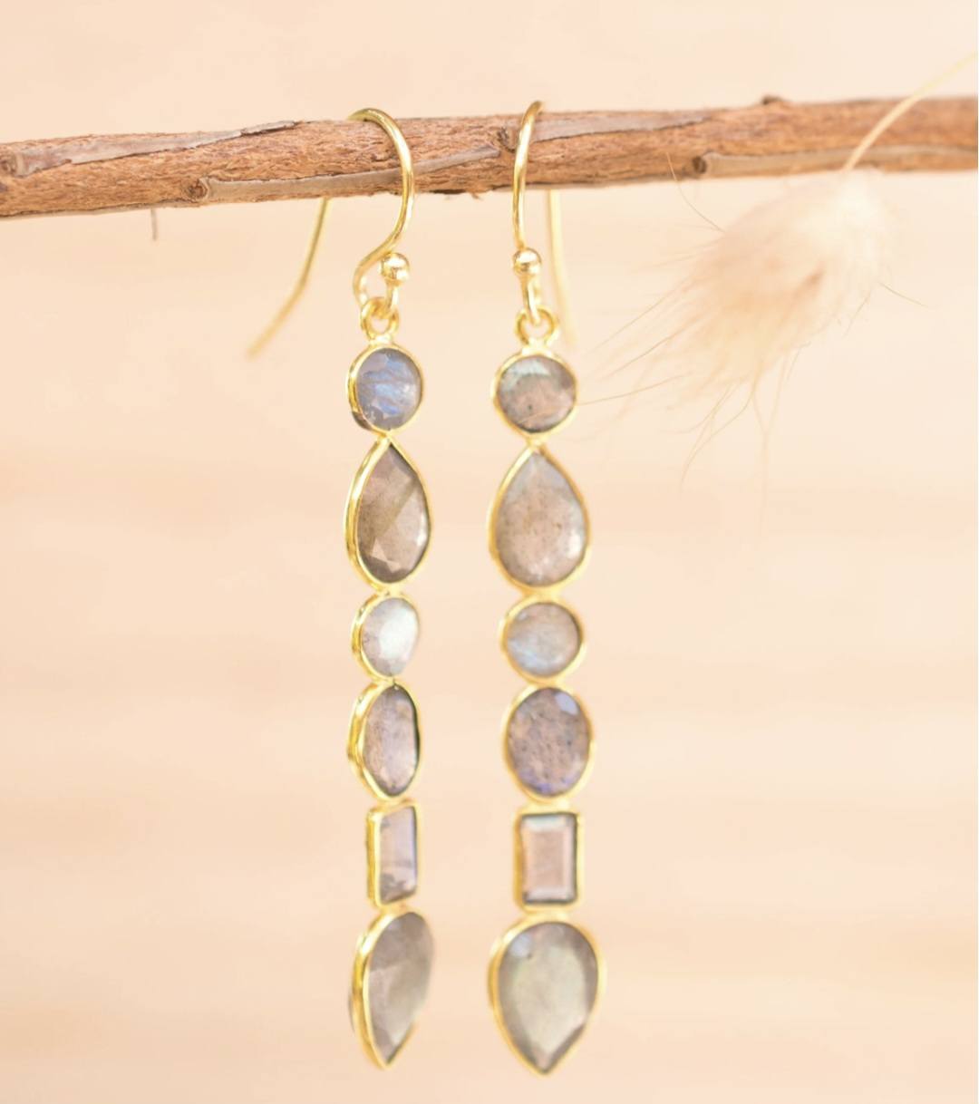CILA " Clarice " Long Design LABRADORITE Stud Earrings , 18K Goldplated