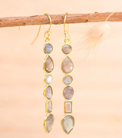 CILA " Clarice " Long Design LABRADORITE Stud Earrings , 18K Goldplated
