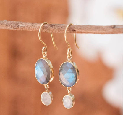 CILA " KARINE " Earrings w/ Moonstone & Labradorite , 18K Goldplated