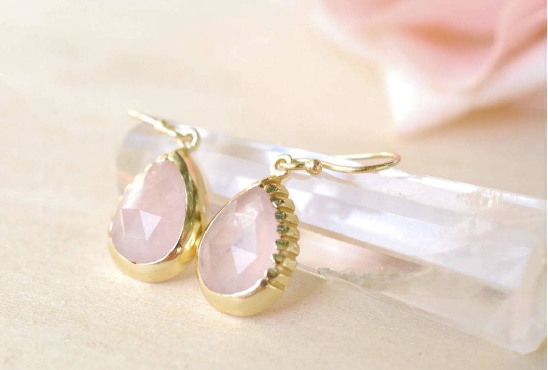 CILA " SKYE " Earrings w/ Rose Quartz , 18K Goldplated