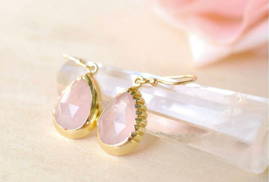 CILA " SKYE " Earrings w/ Rose Quartz , 18K Goldplated