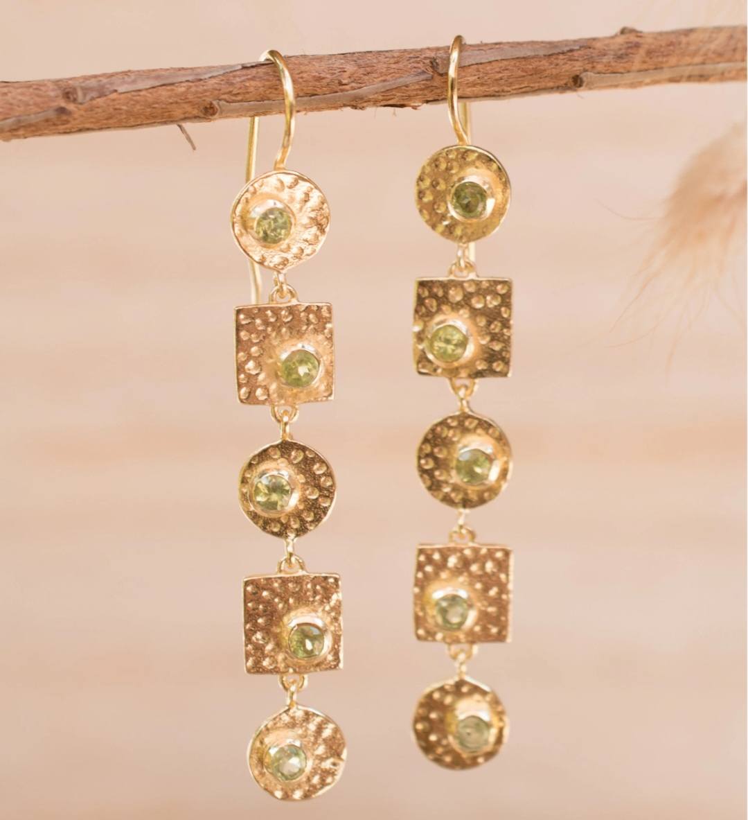 CILA " Sonia " Long Design Green Peridot Stud Earrings , 18K Goldplated