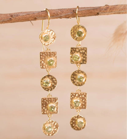 CILA " Sonia " Long Design Green Peridot Stud Earrings , 18K Goldplated