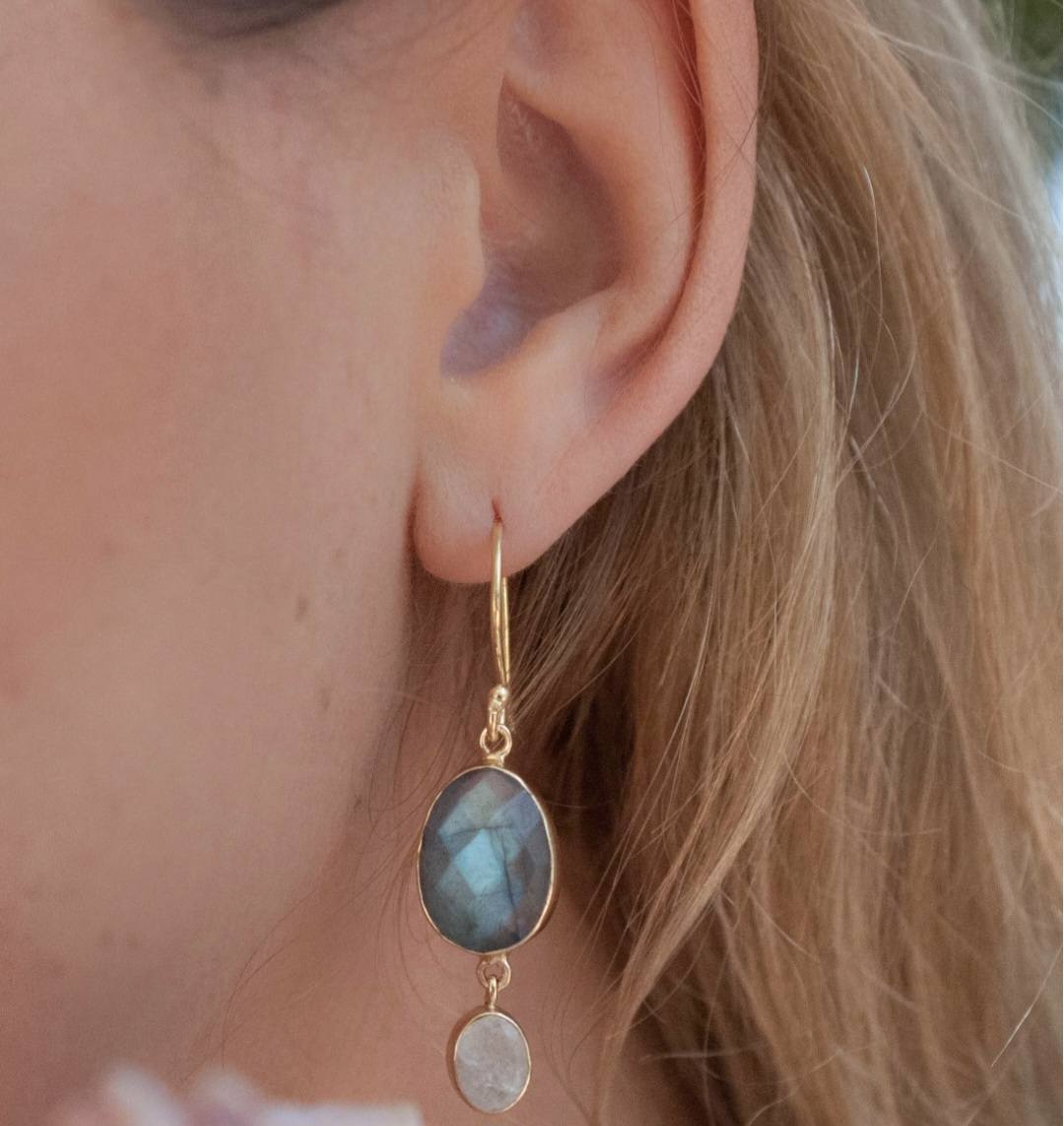 CILA " KARINE " Earrings w/ Moonstone & Labradorite , 18K Goldplated