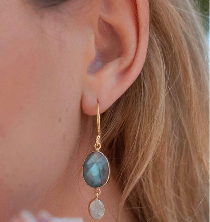 CILA " KARINE " Earrings w/ Moonstone & Labradorite , 18K Goldplated