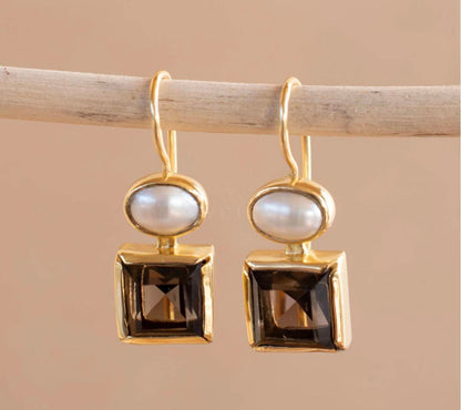 CILA " FABY " Earrings w/ Smoke Quartz & Pearl , 18K Goldplated