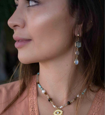 CILA " Glaucia " Long Design Rose Quartz, Labradorite, Moonstone Stud Earrings , 18K Goldplated