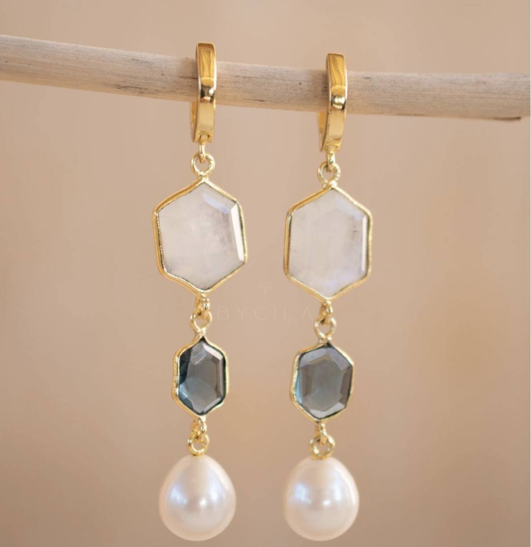CILA " Glaucia " Long Design Black Onyx, Moonstone, Liolite Hydro, Pearl Stud Earrings , 18K Goldplated