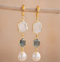 CILA " Glaucia " Long Design Black Onyx, Moonstone, Liolite Hydro, Pearl Stud Earrings , 18K Goldplated