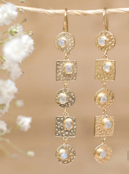 CILA " Sonia " Long Design Moonstone Stud Earrings , 18K Goldplated