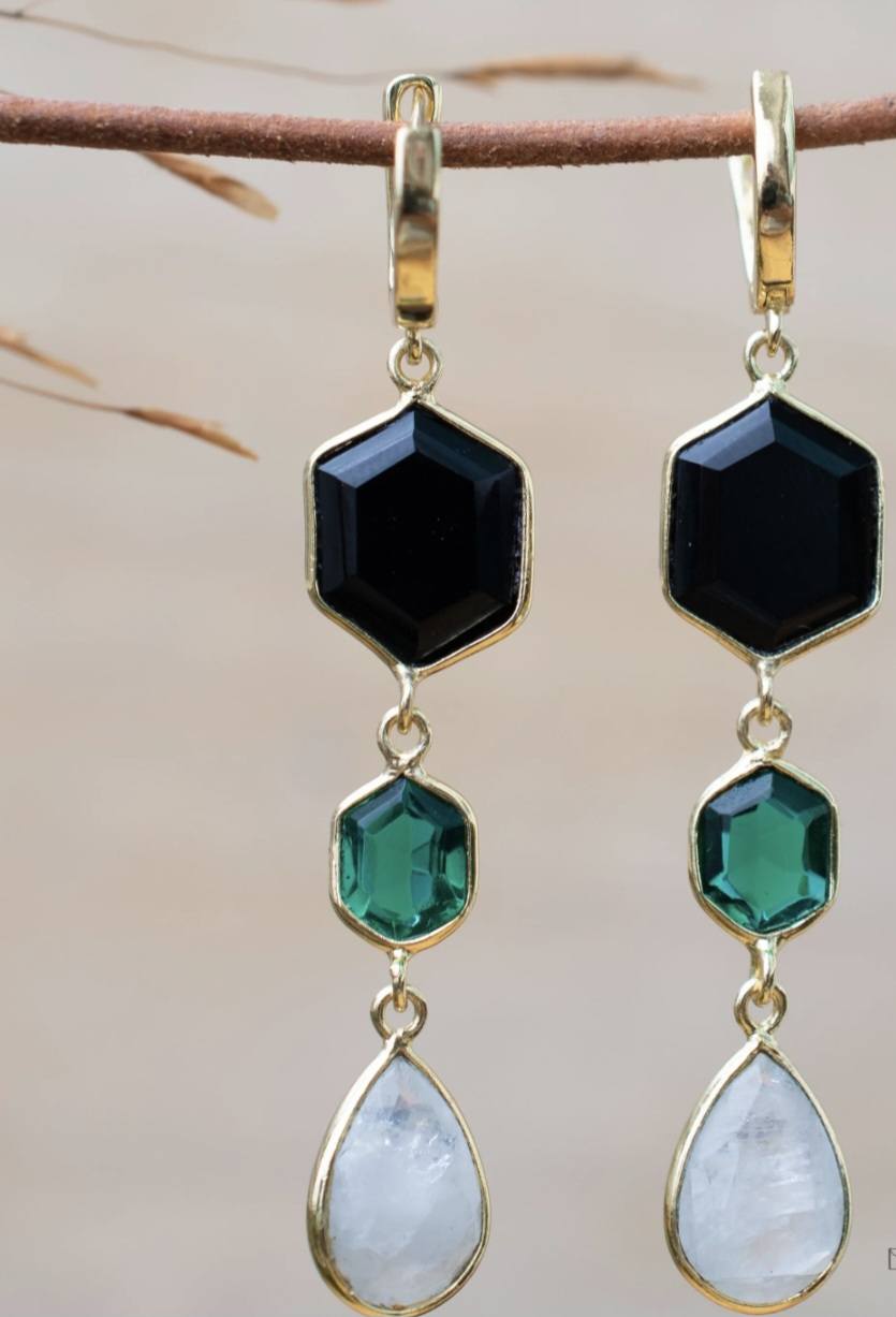 CILA " Glaucia " Long Design Black Onyx, Green Turmaline, Moonstone Stud Earrings , 18K Goldplated