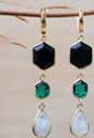 CILA " Glaucia " Long Design Black Onyx, Green Turmaline, Moonstone Stud Earrings , 18K Goldplated