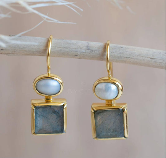 CILA " FABY " Earrings w/ Labradorite & Pearl , 18K Goldplated