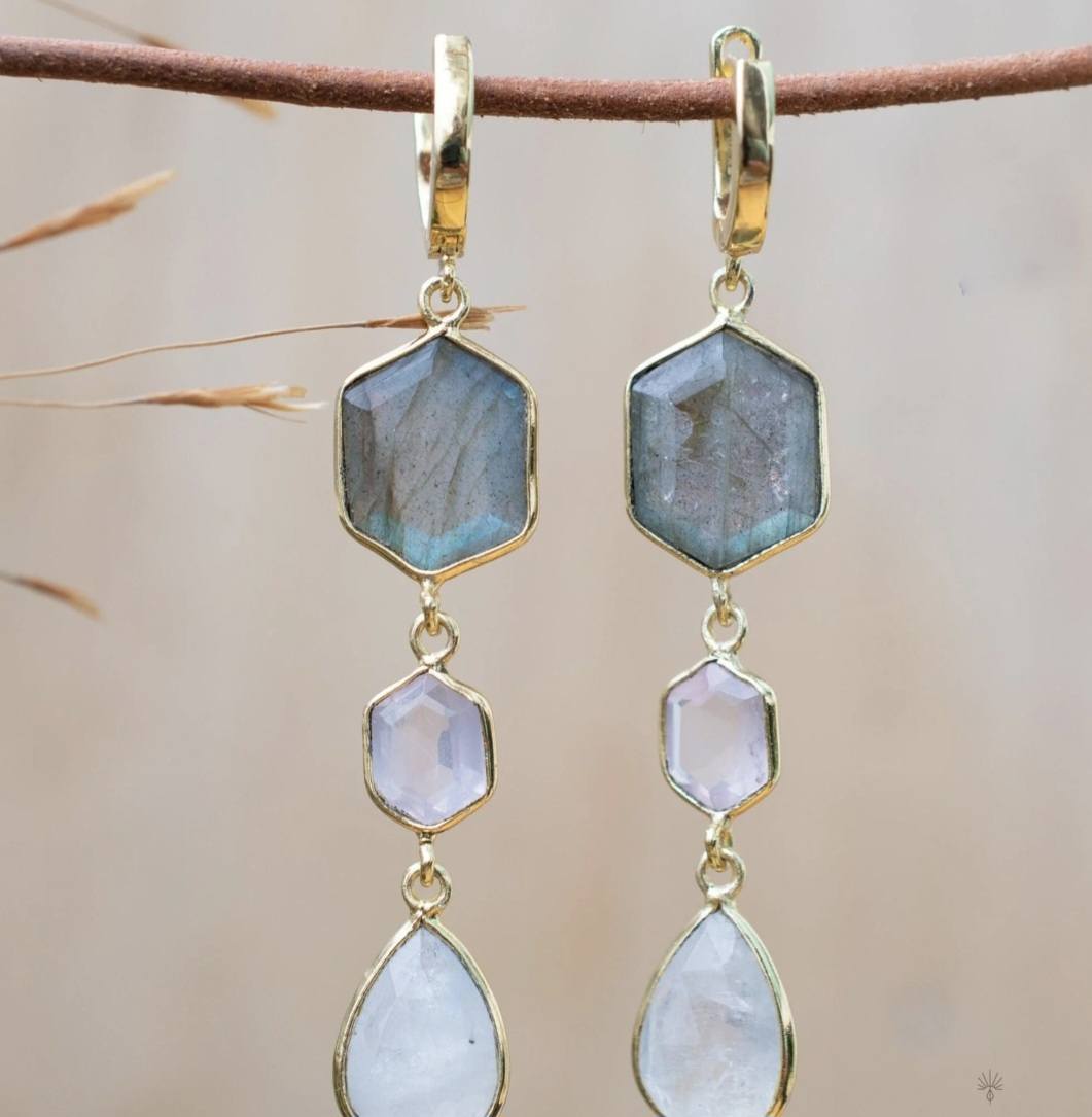 CILA " Glaucia " Long Design Rose Quartz, Labradorite, Moonstone Stud Earrings , 18K Goldplated