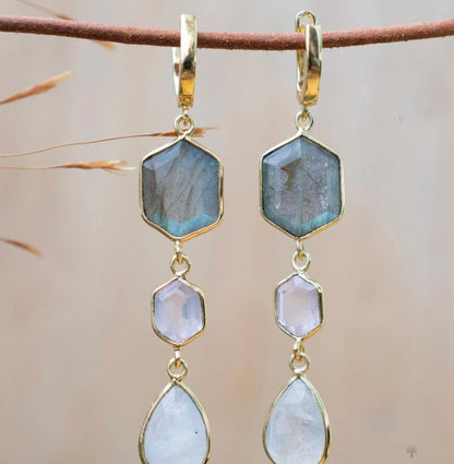 CILA " Glaucia " Long Design Rose Quartz, Labradorite, Moonstone Stud Earrings , 18K Goldplated