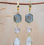 CILA " Glaucia " Long Design Rose Quartz, Labradorite, Moonstone Stud Earrings , 18K Goldplated