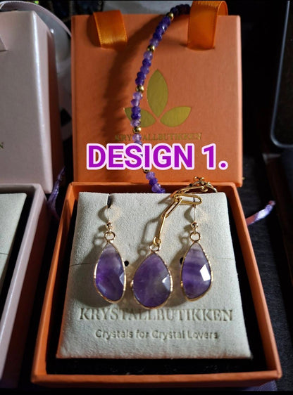 Månedens Gavetips / Ametyst Smykkesett fra MICCI DESIGN ( Kjede + Øredobber + Bonusgave ), Tear Drop Stendesign, Gold Electroplated !