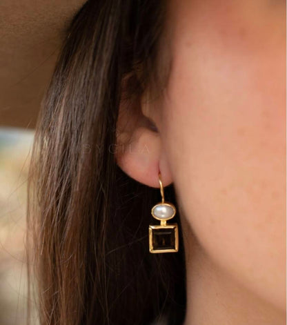 CILA " FABY " Earrings w/ Smoke Quartz & Pearl , 18K Goldplated