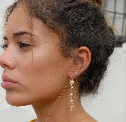 CILA " Sonia " Long Design Moonstone Stud Earrings , 18K Goldplated