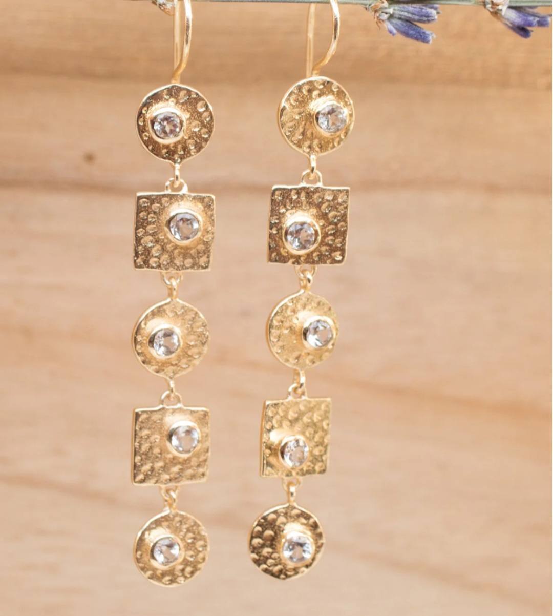 CILA " Sonia " Long Design White Topaz Stud Earrings , 18K Goldplated