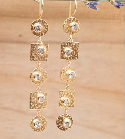 CILA " Sonia " Long Design White Topaz Stud Earrings , 18K Goldplated
