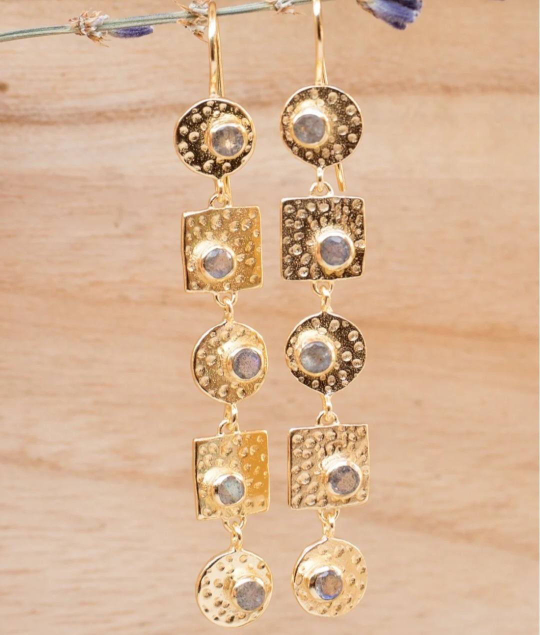 CILA " Sonia " Long Design Labradorite Stud Earrings , 18K Goldplated