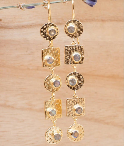 CILA " Sonia " Long Design Labradorite Stud Earrings , 18K Goldplated