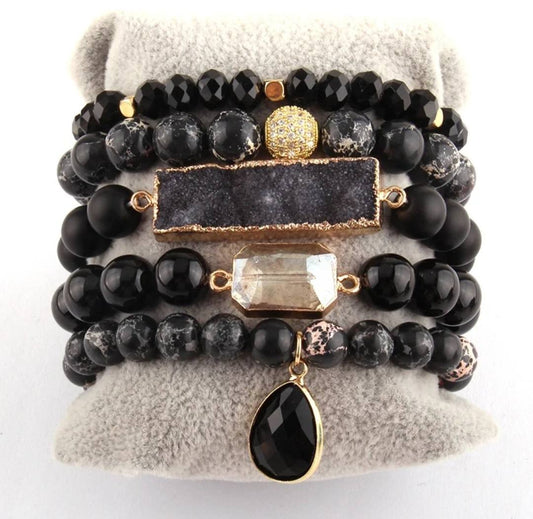 Nye, BoHo Mediterraen 5 rader, fleksible armbånd med druzy Agat sten og decor, Black Design