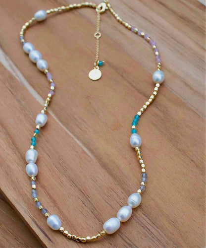 Nytt og vakkert CILA Perle & Quartz Halskjede med Labradorite, Aqua Chalsedony, Rose Quartz, 18K Goldplated